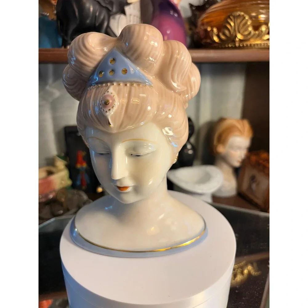 Vintage Ceramic Lady Head Vase Blue Tiara Gold Trim Peach Hair Porcelain Bust